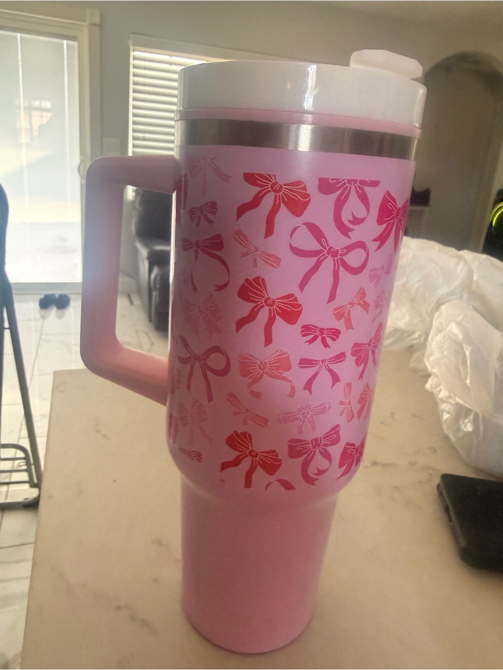Pink Bow Pattern Insulated Travel Tumbler - Home Party Supplies